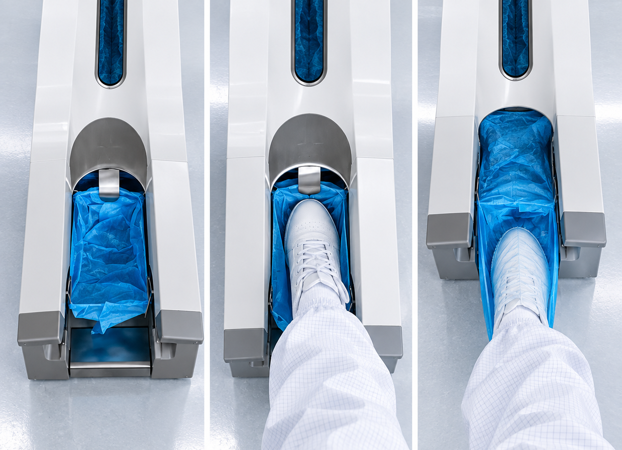 Step-by-step: stepping into the Purovinox PX-200, activating the dispenser, shoe cover applied